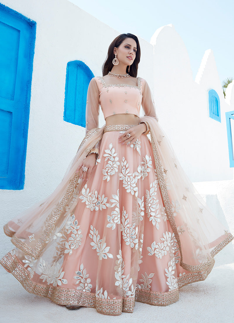 Peach Foil Embroidered Net Lehenga